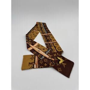 LVT01: Louis Vuitton Monogram Bandeau “Chain & Leather Strap” Scarf — Brown/Gold